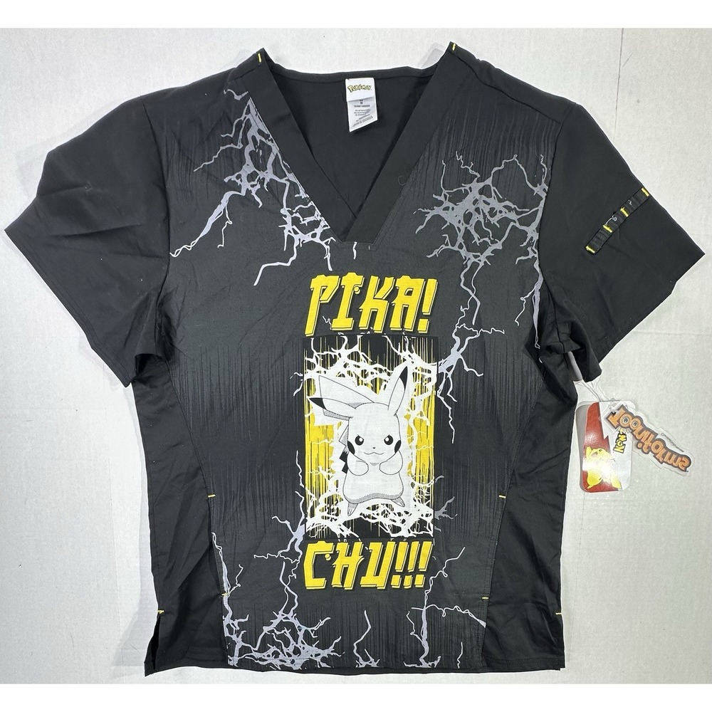 Pokemon Pikachu Scrub Top V-Neck Lightning Graphic Black Size M NWT